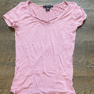 American Dream Light Pink Crisscross V-Neck Short Sleeve Tee